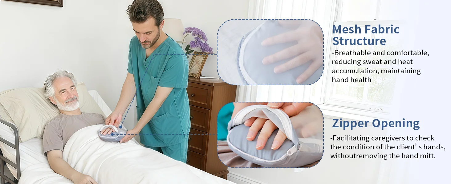 Ehucon Demenz-Fixierhandschuhe mit Sichtbarem Netzgewebe, Hautfreundlicher Handschutz, Kratzfeste Fingerkontroll-Handschuhe, 2 Stück – Detail 4