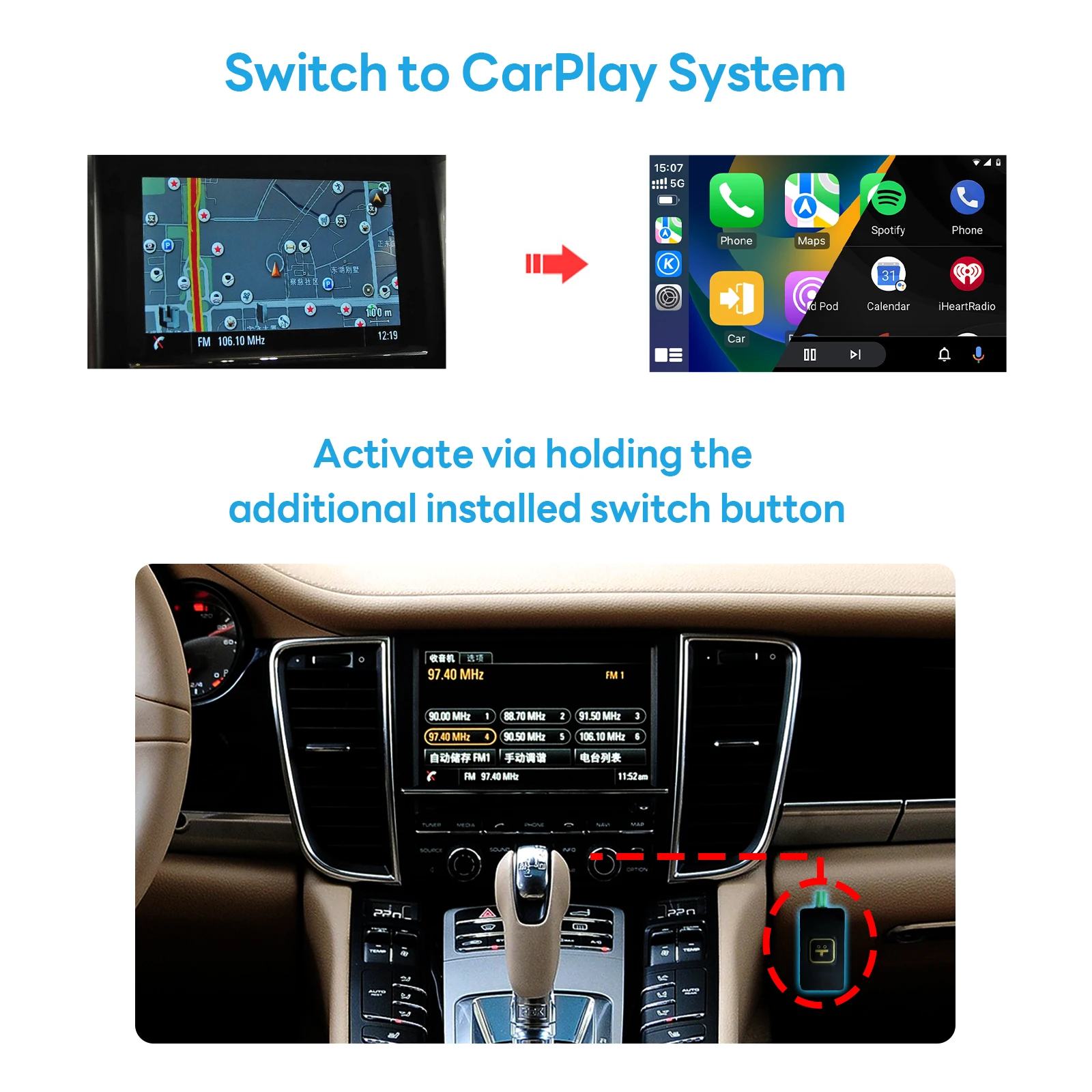 2026 무선 CarPlay & 안드로이드 오토 스마트 멀티미디어 비디오 인터페이스 (CDR31 7인치 스크린 카이엔 파나메라 마칸 박스터용)