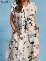 ZANZEA Women Summer Dress Bohemian Floral Print Vestido O-Neck Short Sleeve Pockets Sundress Fashion Casual Elegant Holiday Robe - Image 4