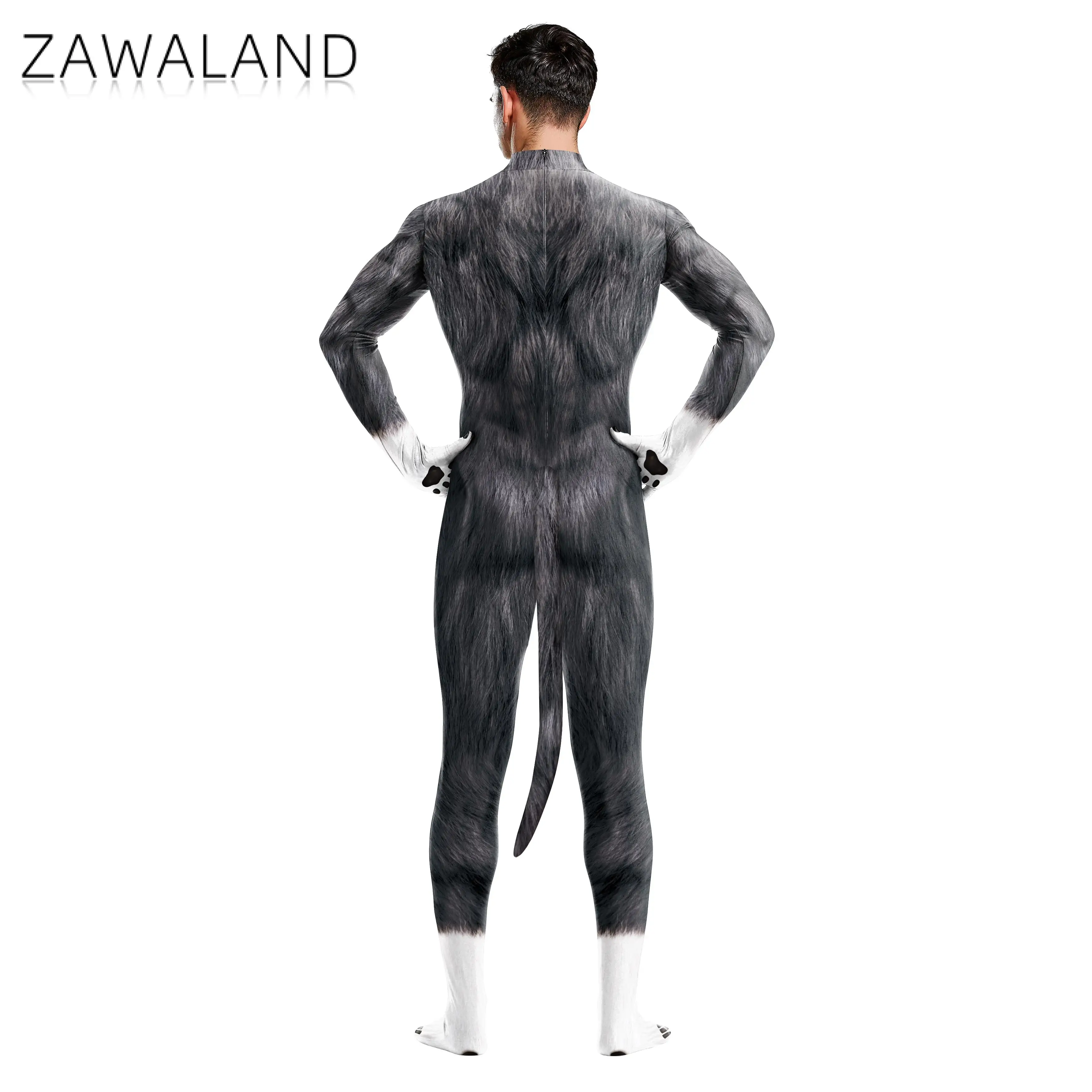 Zawaland Animal Catsuit Couple Snow Wolf Costume Tail Crotch Zipper Halloween Party Cosplay Outfit Disguise Zentai Bodysuit