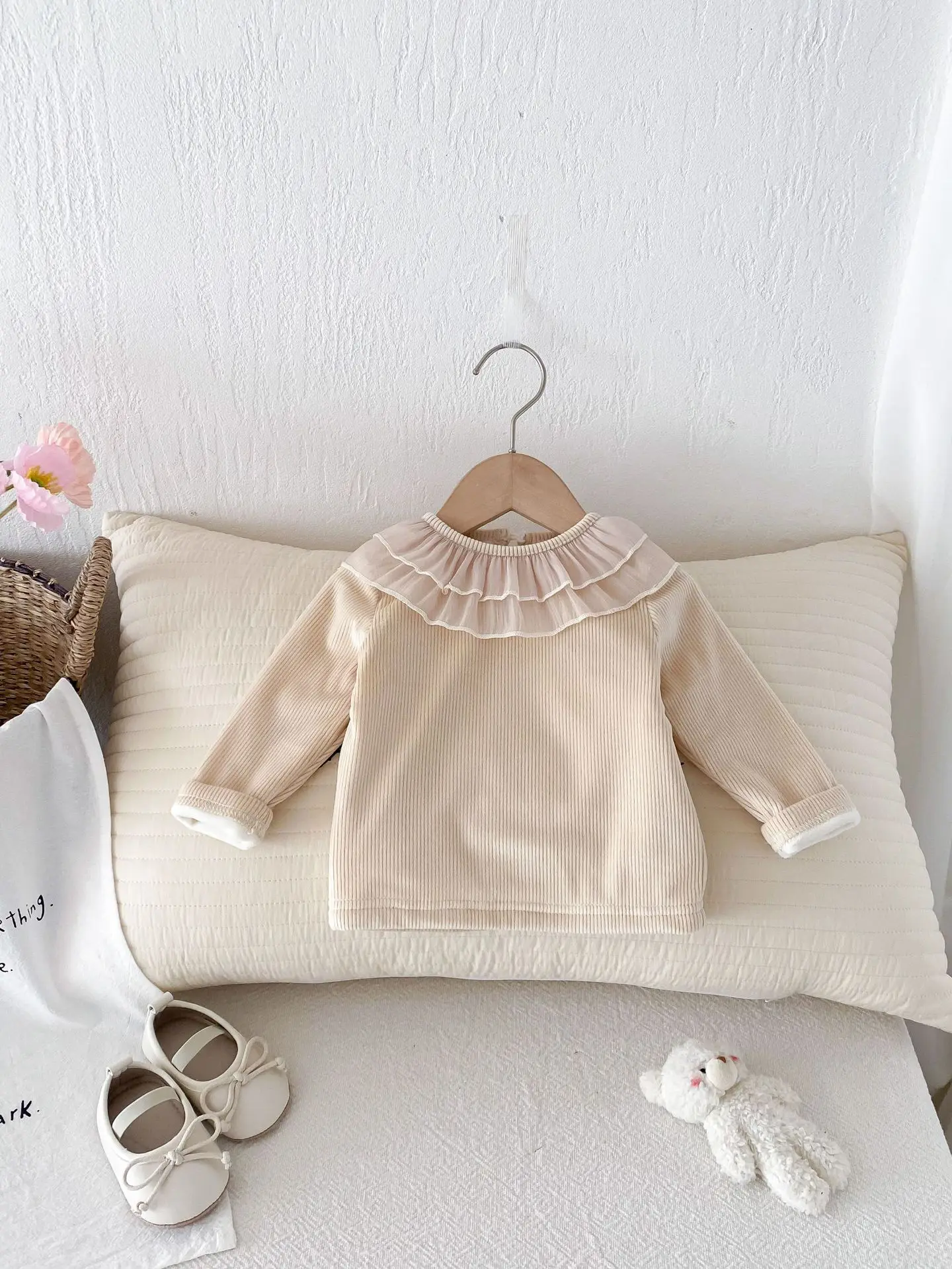 2025 Winter New Baby Girls Ruffle Collar Fleece Tees Infant Solid Bottoming Shirt Toddler Girls Plus Velvet Thick Warm Tops 5 2025 Winter New Baby Girls Ruffle Collar Fleece Tees Infant Solid Bottoming Shirt Toddler Girls Plus Velvet Thick Warm Tops - Image 5