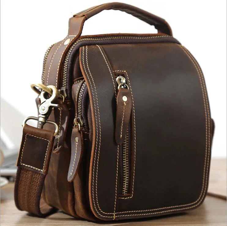 Genuine Leather Mini Shoulder Bag for Men with Handle