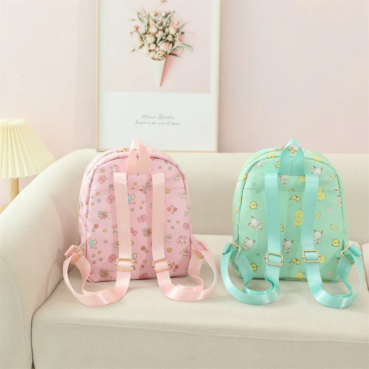 Cartoon Cute Hellos Kittys Pattern Small Backpack Casual Shopping Kuromis Cinnamorolls Leather Waterproof Zipper Backpack