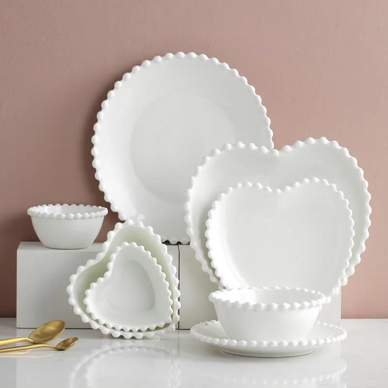 

Pure White Hearted Shaped Pearl Steak Salad Soup Dinner Plate Ceramic Dishes Tableware Porcelain Set Kitchen Untensils Wedding