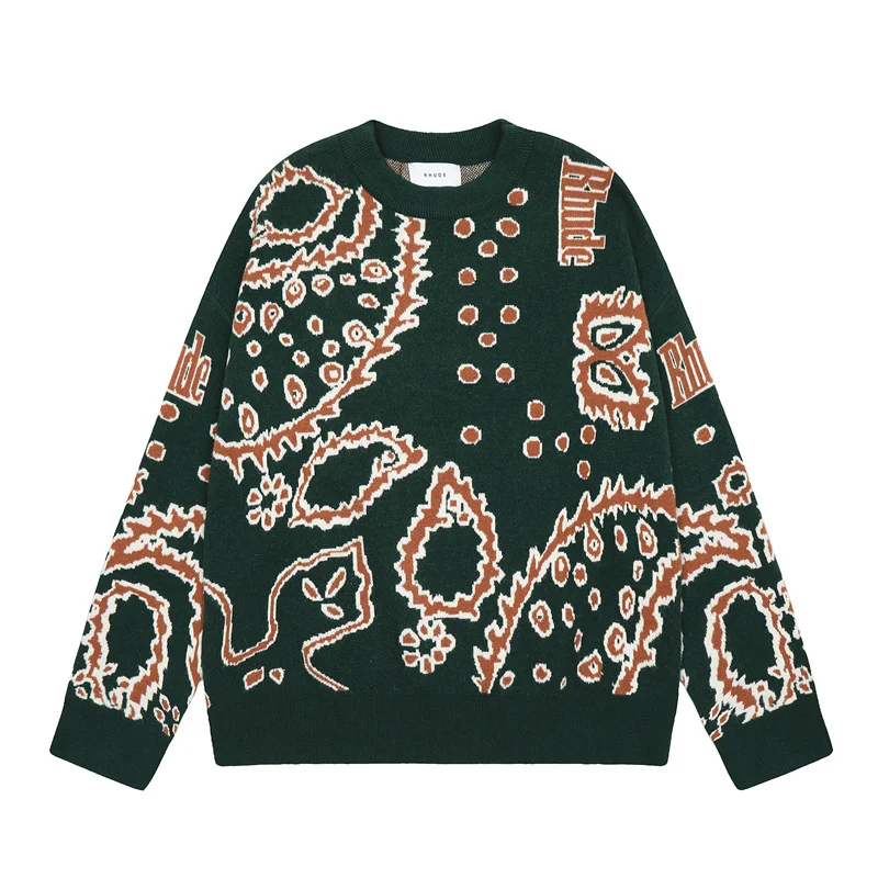 

Rhude Sweater Jacquard Matching Color Round Neck Cashew Flower Knitwear Casual Loose Knitted Top for Men and Women