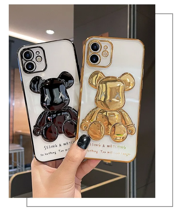 Cute Bear iPhone 13 Pro Max Case Metal Plating Border Transparent Back Cover Silicone Soft Case for iPhone12 11 Phone Case XR SX phone pouch bag