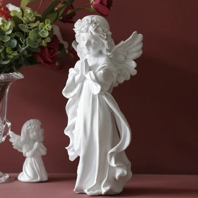 Cute Resin Fairy Girl Angel Figurine Pacifica Preghiera Scultura Ornamenti Desktop Retro Flower Fairy Piccola Statua Decorativa