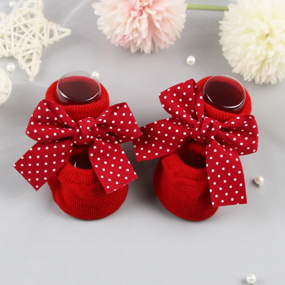 Adorable Newborn Girl Princess Bow Cotton Socks - Red Toddler Floor Socks