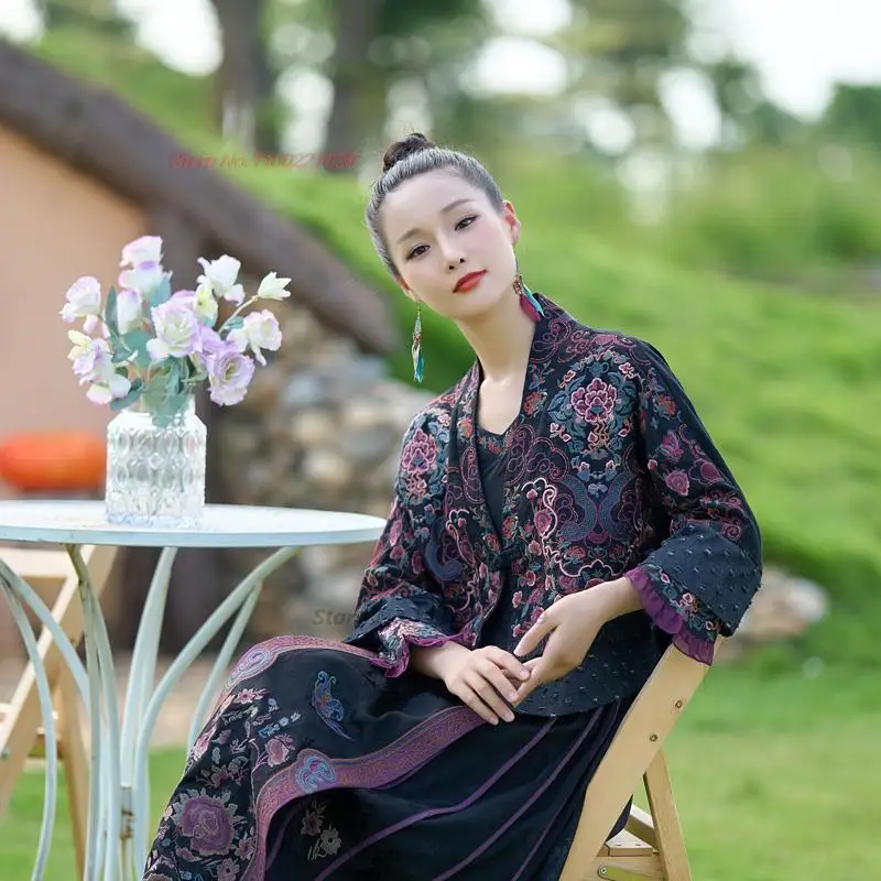 chinese vintage hanfu coat national flower embroidery v-neck ethnic cardigan improved hanfu tops oriental retro tang suit