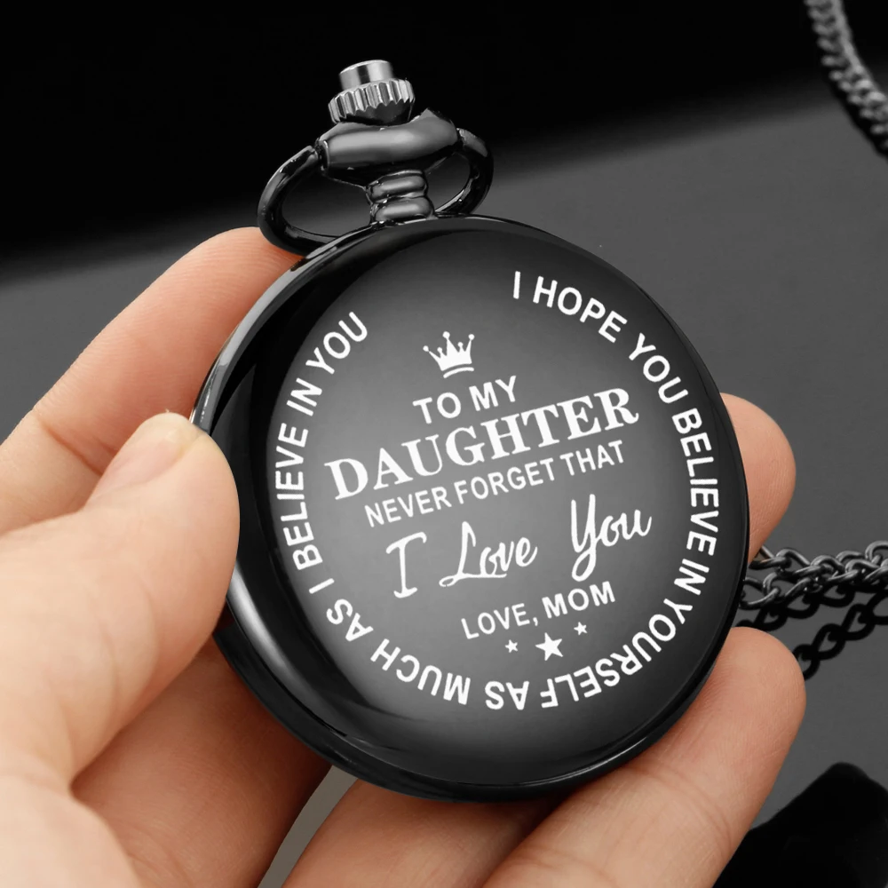 

TO MY DAUGHTER carving english alphabet face pocket watch a belt chain Black quartz watch birthday perfect gifts
