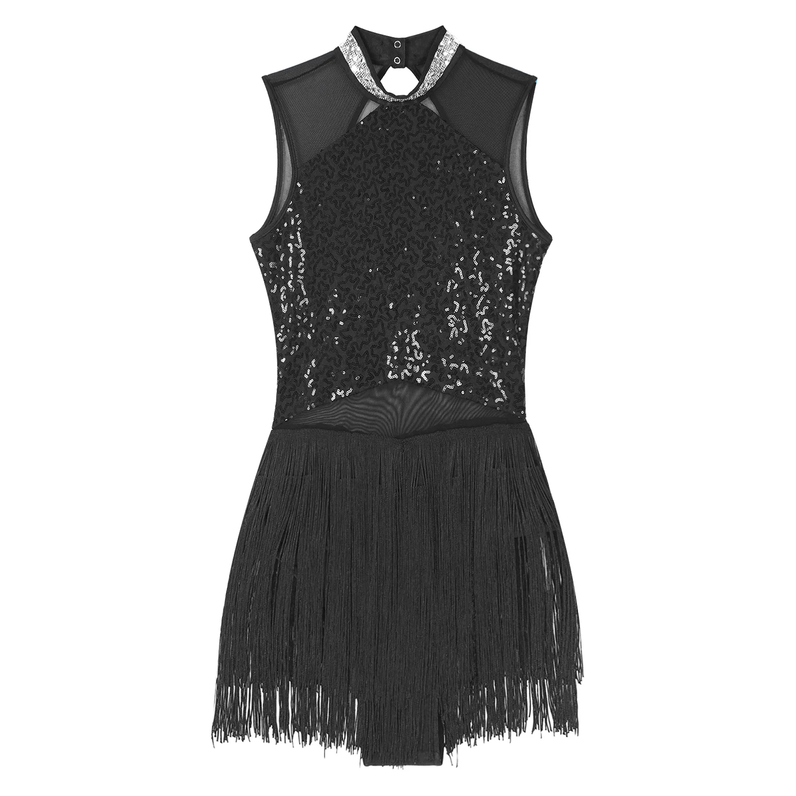 Womens Glittery Rhinestone Figure Skating Dance Costume Latin Tango Rumba Dance Dress Collar Fringed Leotard Sequined Dress