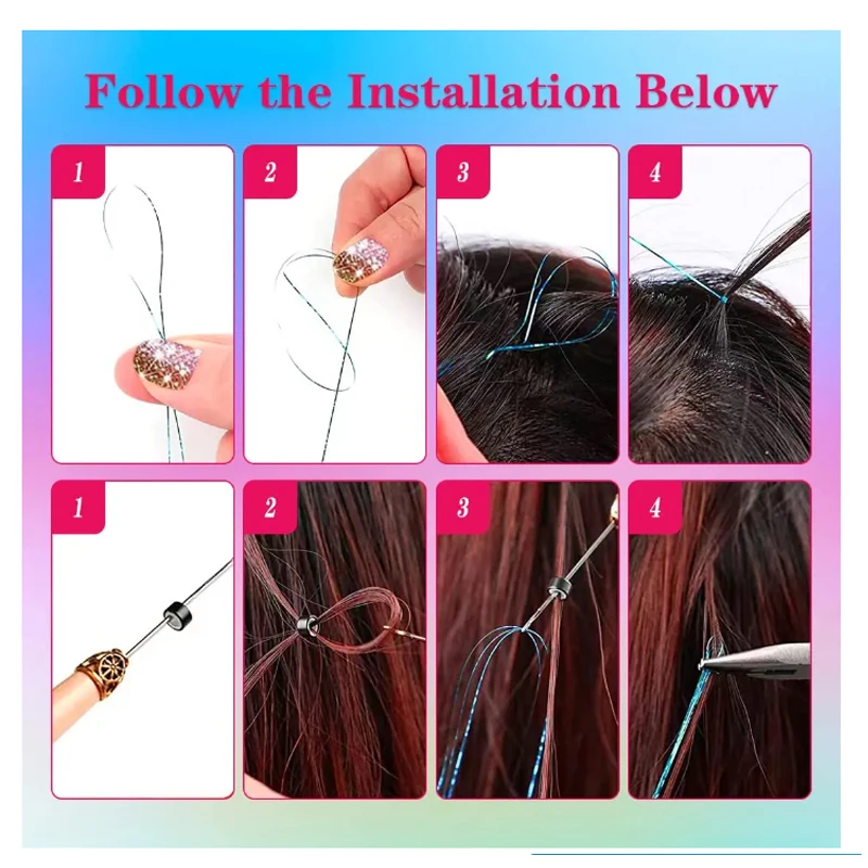 Shiny Sparkle Hair Tinsel Thin Colorful Rainbow Silk Hair Extensions Dazzles Women Hippie for Braiding Headdress