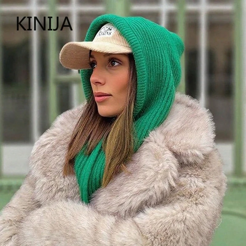 Women Knitted Balaclava Fashion Fake Collar Shawl Hooded Hat Thick Warm Beanines Winter Hat