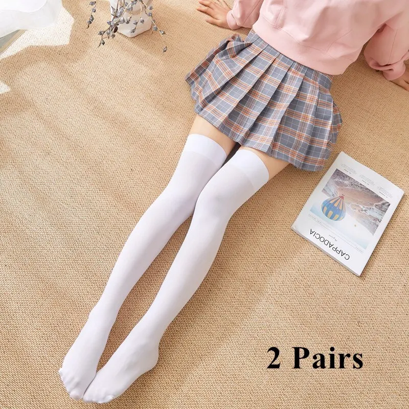 2 Çift Seksi Siyah Beyaz Düz Renk Uzun Kadın Diz Üstü Uyluk Yüksek Çorap Lolita Bayanlar Kızlar Sıcak Çoraplar_voghion.com