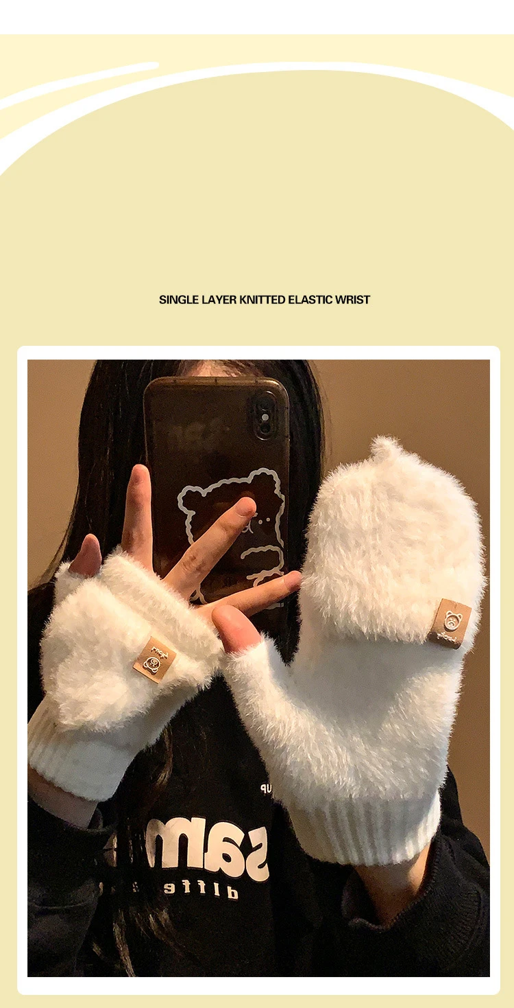 Winter frauen Fuzzy Handschuhe Flip-Top Student Schreiben Fingerlose Fäustlinge Warme Dicke Nette Bär Tippen Büro Plüsch Dame handschuhe – Detail 5