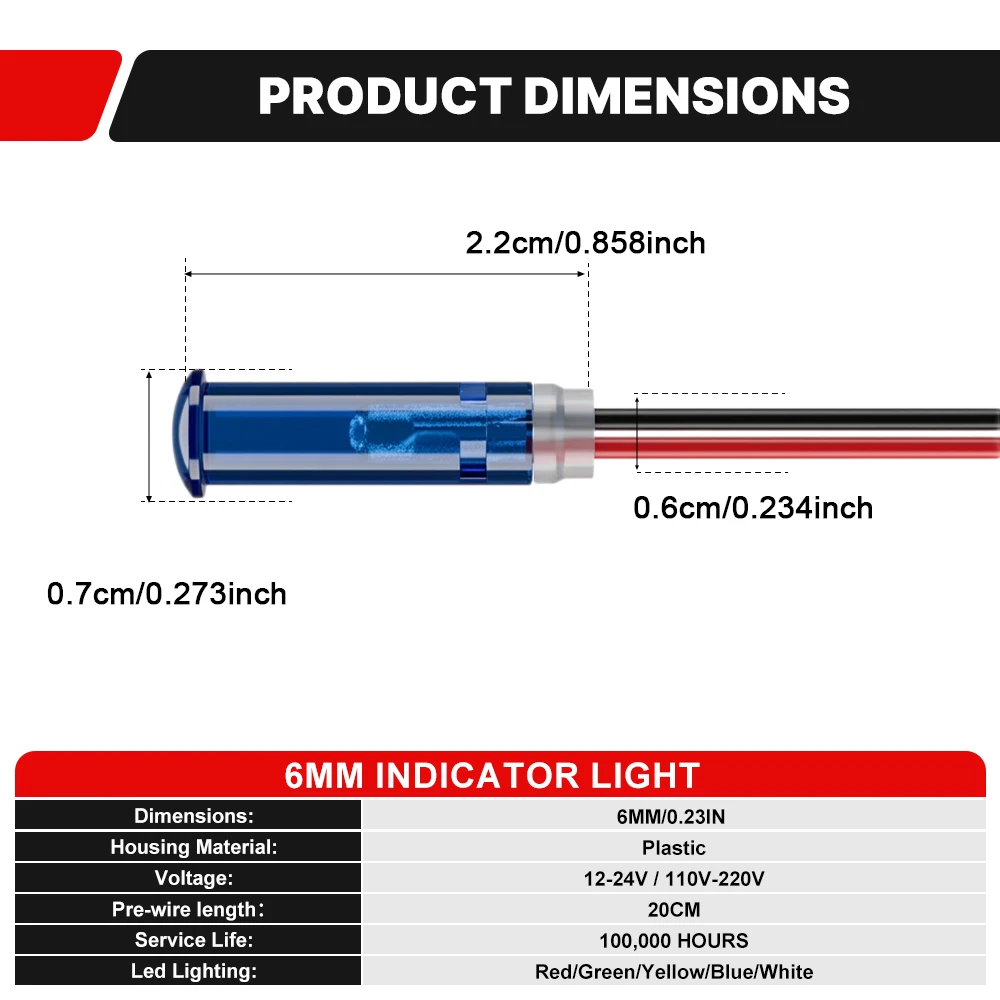 5PCS FILN 6mm 미니 LED 표시등 신호등 12V 24V 110V 220V 방수 파일럿 대시 방향등 (해양 자동차용)