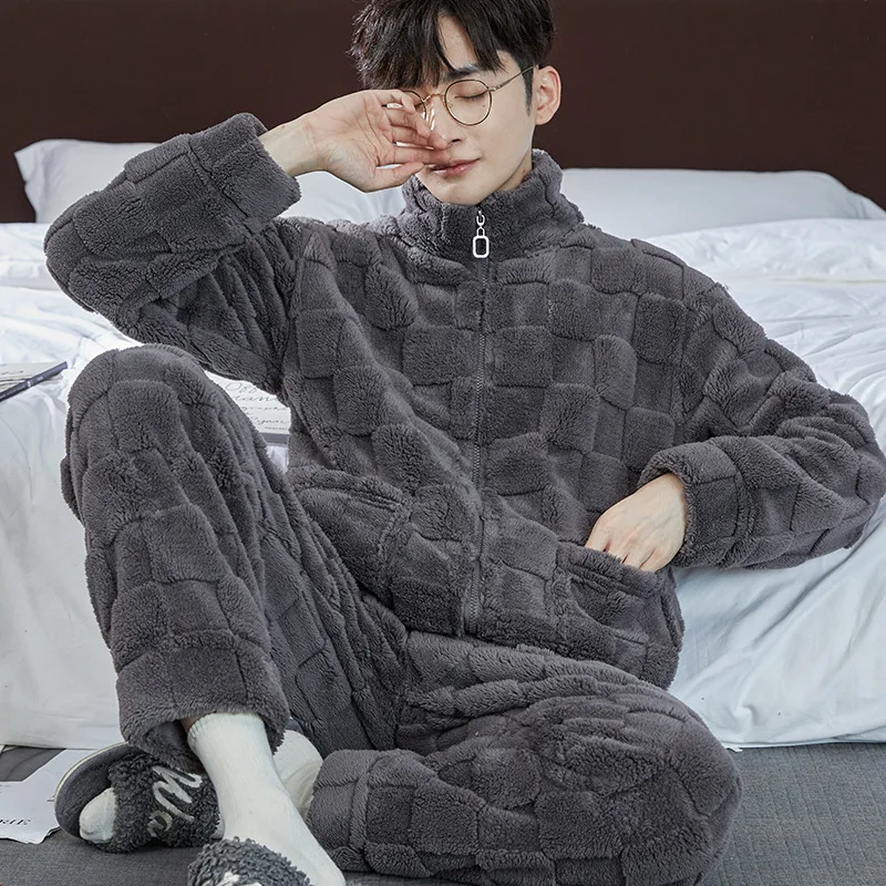 Sleepwear Pyjamas Autumn Winter Men Pajamas Sets Zipper Long Sleeve Warm Flannel Loungewear Sets Thick Korean Fashion Clothing
