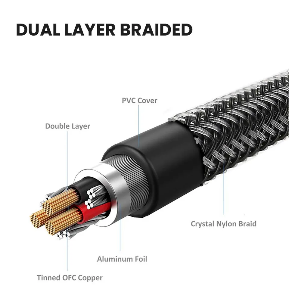 Adaptador Macho De 3,5 Mm A 2 RCA Macho Cable Trenzado De Nailon AUX RCA Y Para Teléfonos