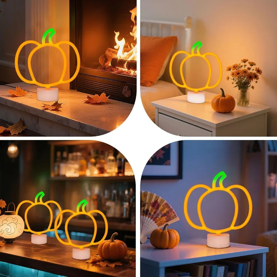 2 Pieces Pumpkin Neon Sign with Base for Fall and Halloween Decor Battery Operated LED Lights for Autumn Table Centerpiece Cute