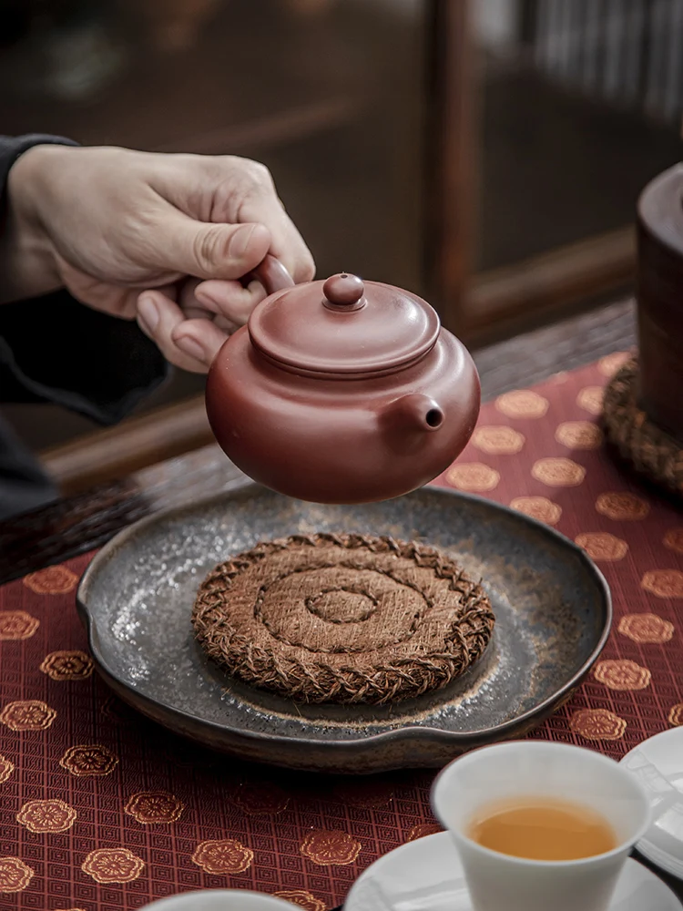 중국식 차 매트 야자 섬유 컵 받침대 공부차(功夫茶) 끓이기용 단열 패드 갈색 실 차 트레이 시골풍 무늬 수제