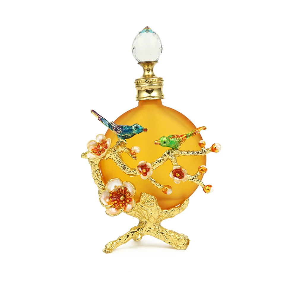 Botella de Perfume de cristal amarillo, exquisito esmalte 3D, pájaros, flores, patrón de Rama, tapa de cristal transparente, antiguo, elegante, Vintage, 30ML/1oz, 1 ud.