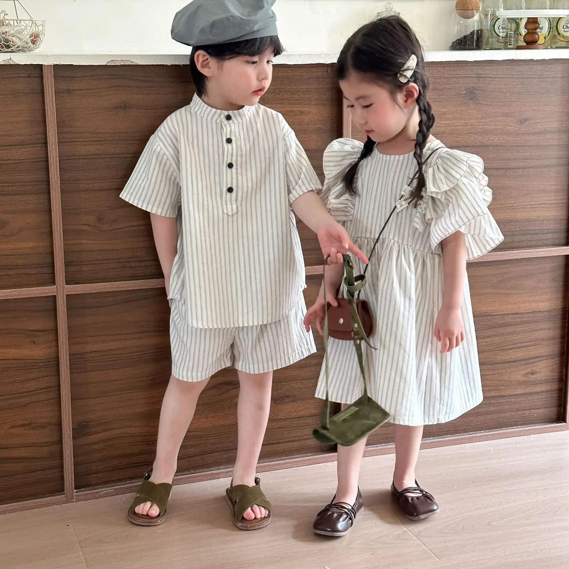 Children's Matching Set Baby Boys 2 Pcs Suit Girls Ruffles Dress Striped Print Kids Clothing Sets Sister Brother Cotton Costumes