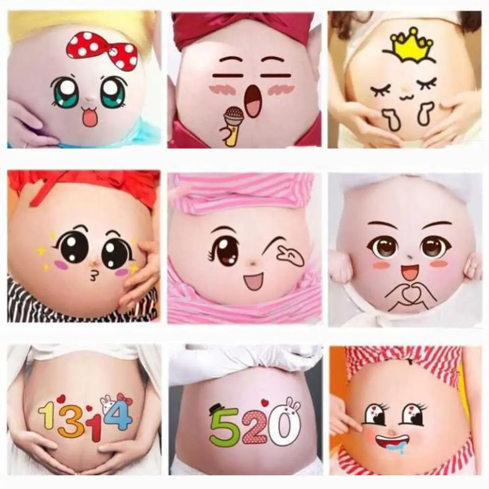 

2Pcs Cute Cartoon Expression Pregnancy Photographs Belly Painting Photo Sticker Pregnant Facial Stomach Belly Sticker Photo Prop
