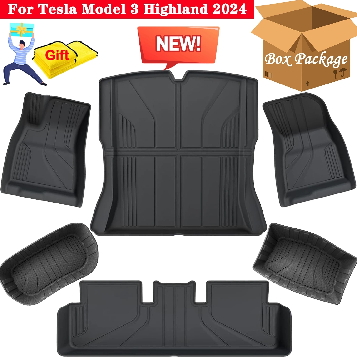 

1.5X Raised Edges Upgraded TPE Floor Mats For Tesla Model 3 Highland 2024, Full Edge Wrapping Waterproof Cargo Liner Trunk Mats