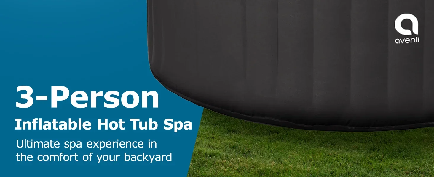 Close up photo of the Avenli Black Round Hot Tub Spa. Text says: 3 Person Inflatable Hot Tub Spa