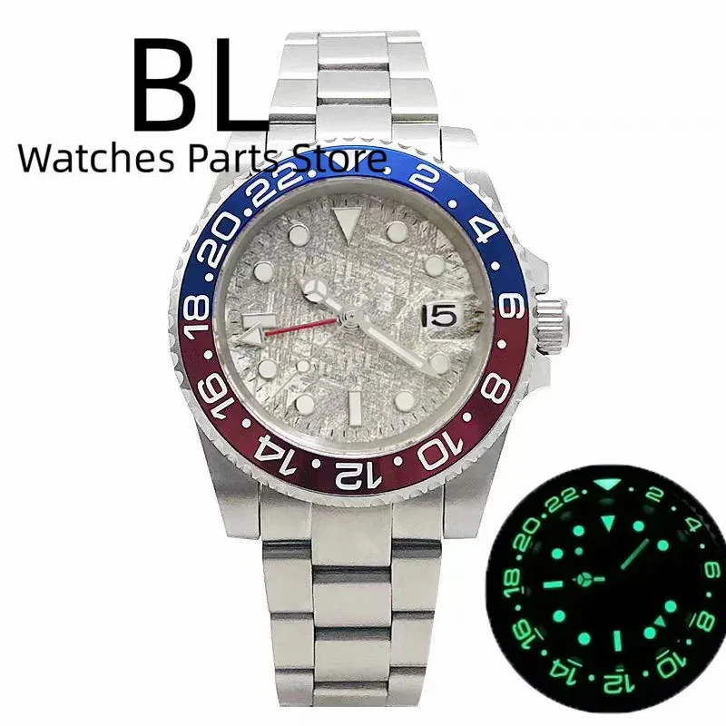 

BLIGER Gray Meteorite Watches GMT For Men 40mm NH34 Blue Red Bezel With Blue Luminous Sappire Glass Oyster/Jubilee Bracelet Date