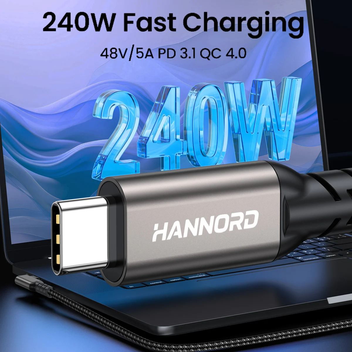 Hannord USB C 3.2 Gen 2 유형 C 케이블 20Gbps 8K@60HZ 비디오 VR 데이터 케이블 5A 240W PD 노트북 Macbook Pro iPad용 고속 충전