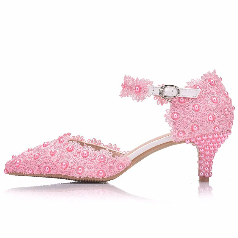 

Lady Middle Heel Ankle Straps Shoes 5cm Comfortable Heel Wedding Dress Shoes white and pink lace flower Bridesmaid Shoes size 10