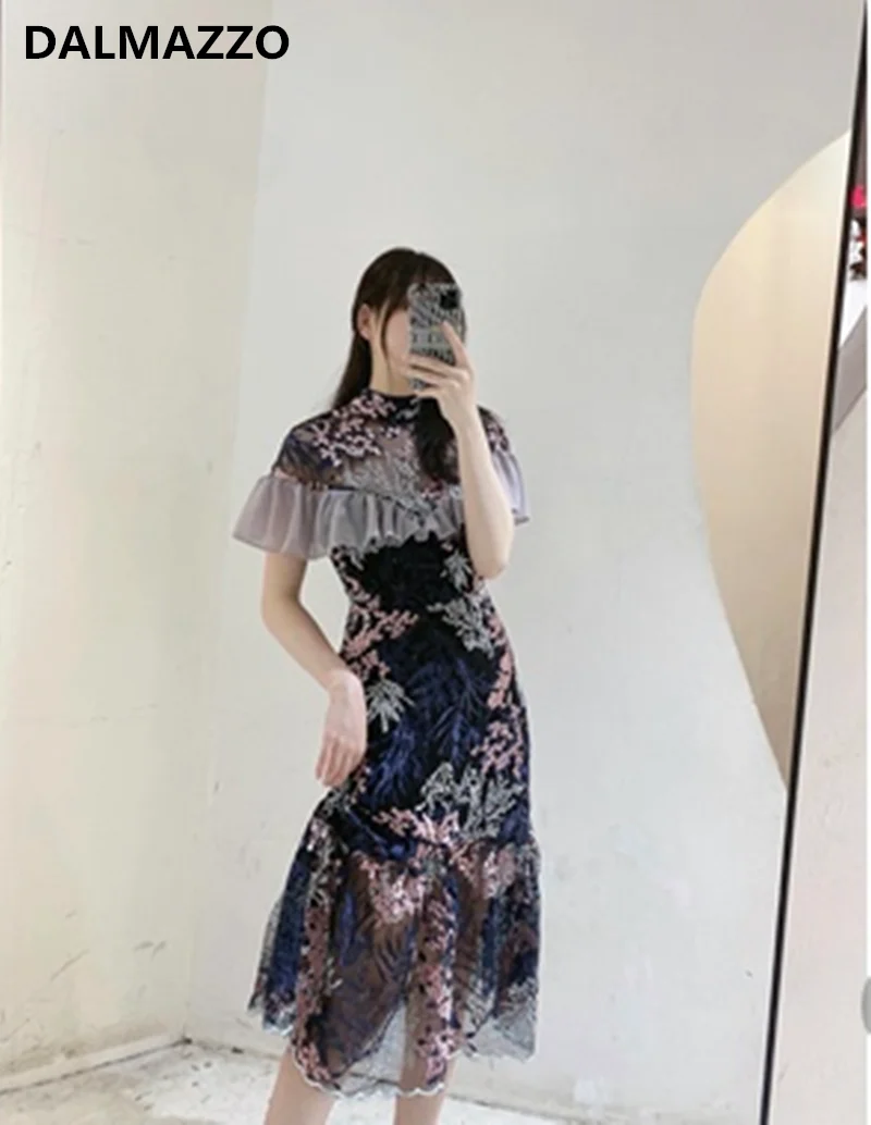 

DALMAZZO New Spring Lace Patchwork Mesh Embroidery Long Dresses Women Summer Designer Runway Casual Large Size Bodycon Vestidos