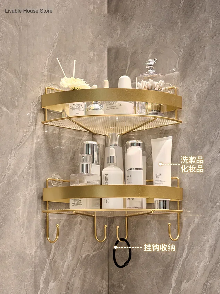 Gold Bathroom Storage Rack non punching tripod Wall Mounted Storage