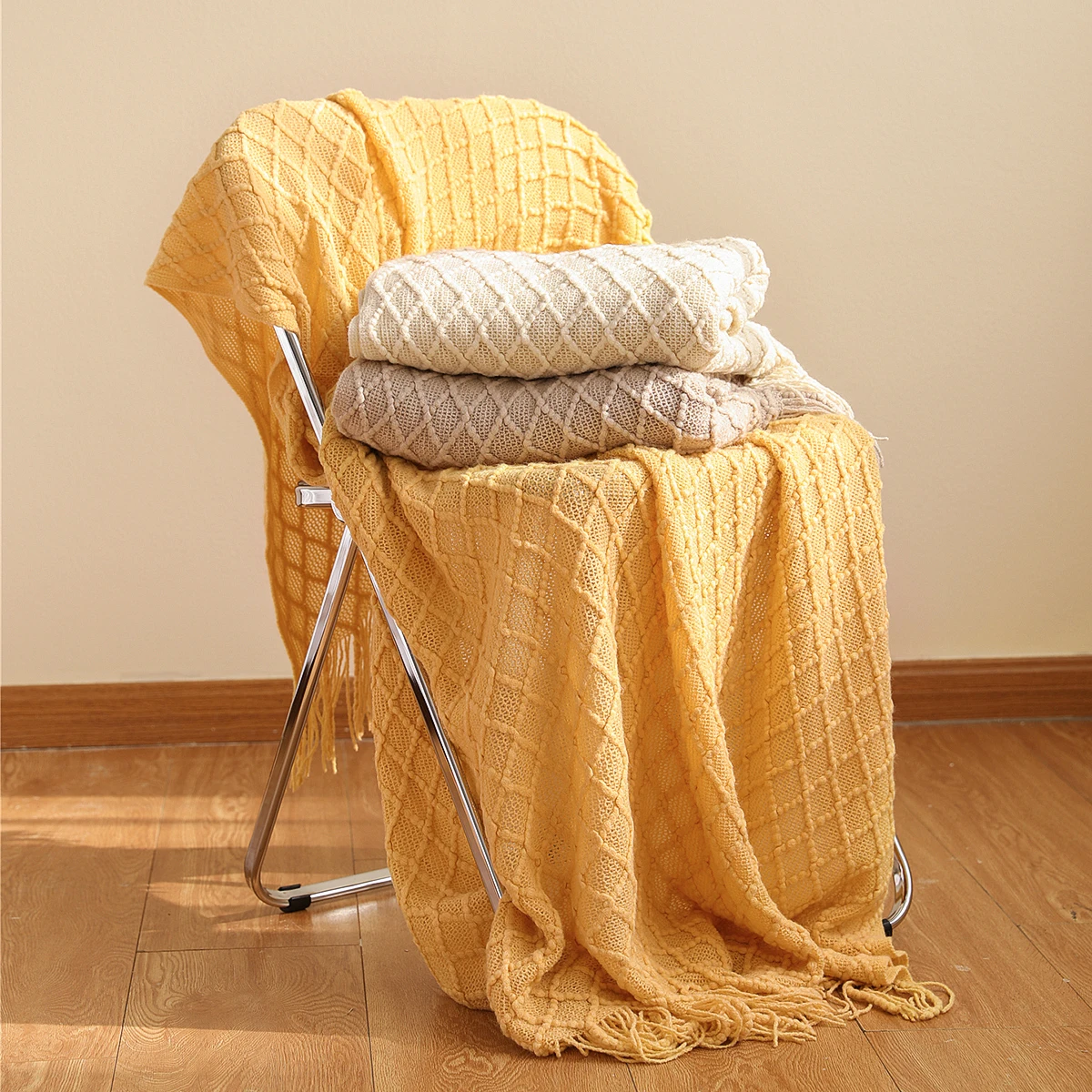 Battilo Beige Knitted Throw Blanket Soft Knit Throws For Bed Plaid Bedspread On The Bed Decorative Sofa Blanket LivingRoom Decor 3