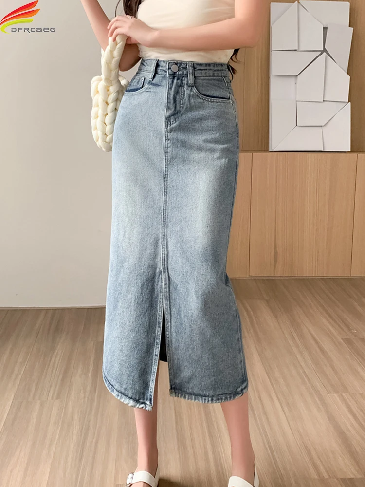 

DFRCAEG 2023 Summer Women Denim Skirt Long Front Slit High Waist A Line Blue Jeans Skirts Korean Fashion Jupe Longue Femme