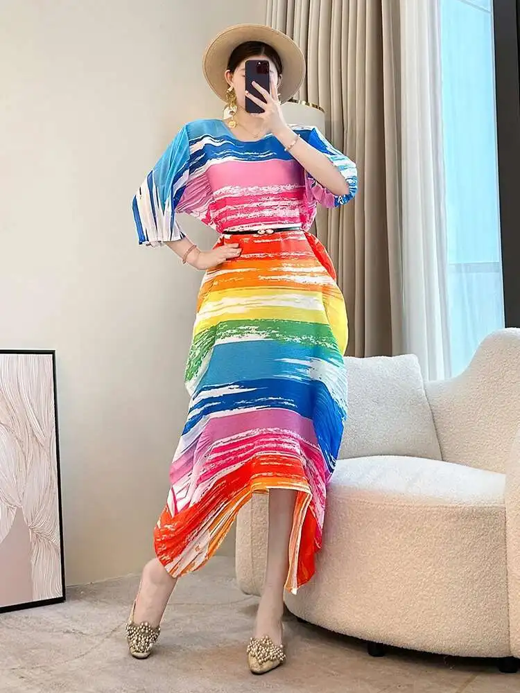LANMREM Niche Colorful Printting Pleated Dress For Women 2025 New Loose Casual Round Collar Irregular Hem Dresses Chic 2DB2986 - Image 4