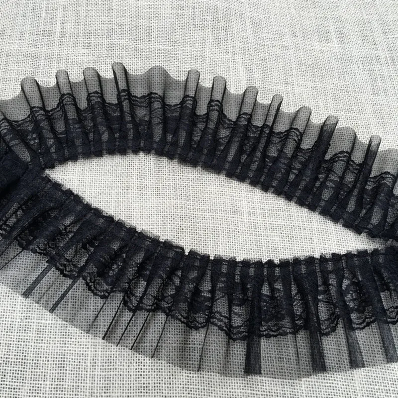 Lace Fabric 8cm Wide Black And White Mesh Sequin Tulle Embroidery Double Laminated Wrinkle Lace Trim Applique Fabric Ribbon