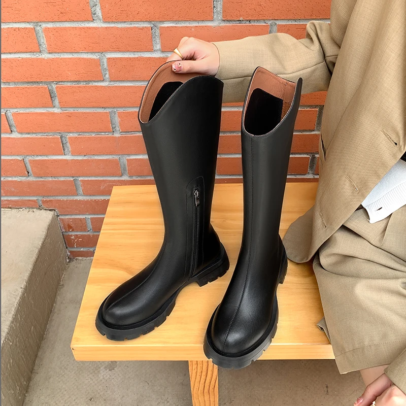 

Autumn and winter Women knee-high boots natural leather 22-25cm cowhide upper modern boots side zip western boots knight boots