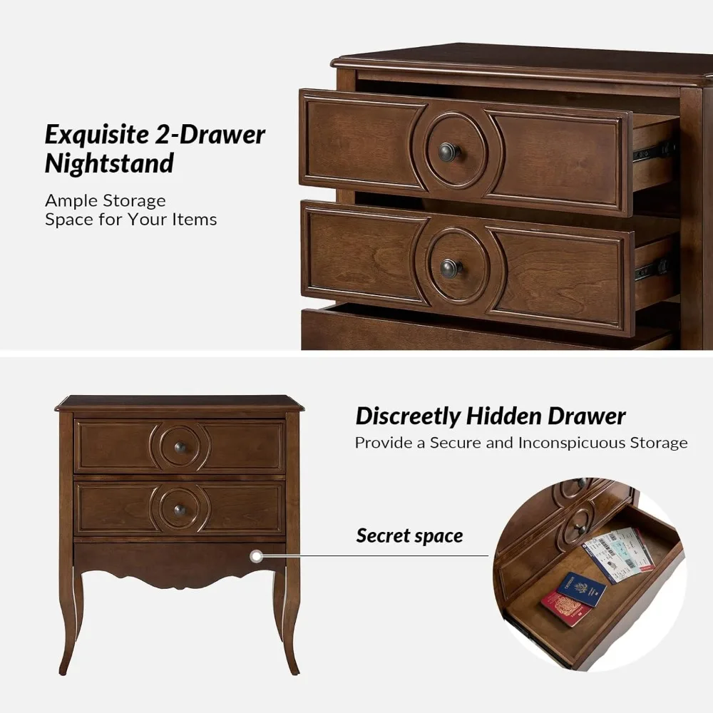 Wood Nightstand with Charging Station, 3 Drawer Tall Walnut Nightstand, Bedside Table with Hidden Drawer