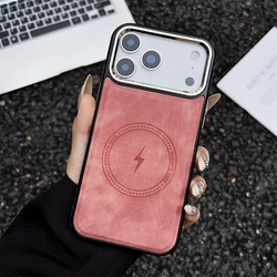 Premium Magnetic Leather Wireless Charging Case with Shockproof Protection - iPhone 15 Plus (Pink)