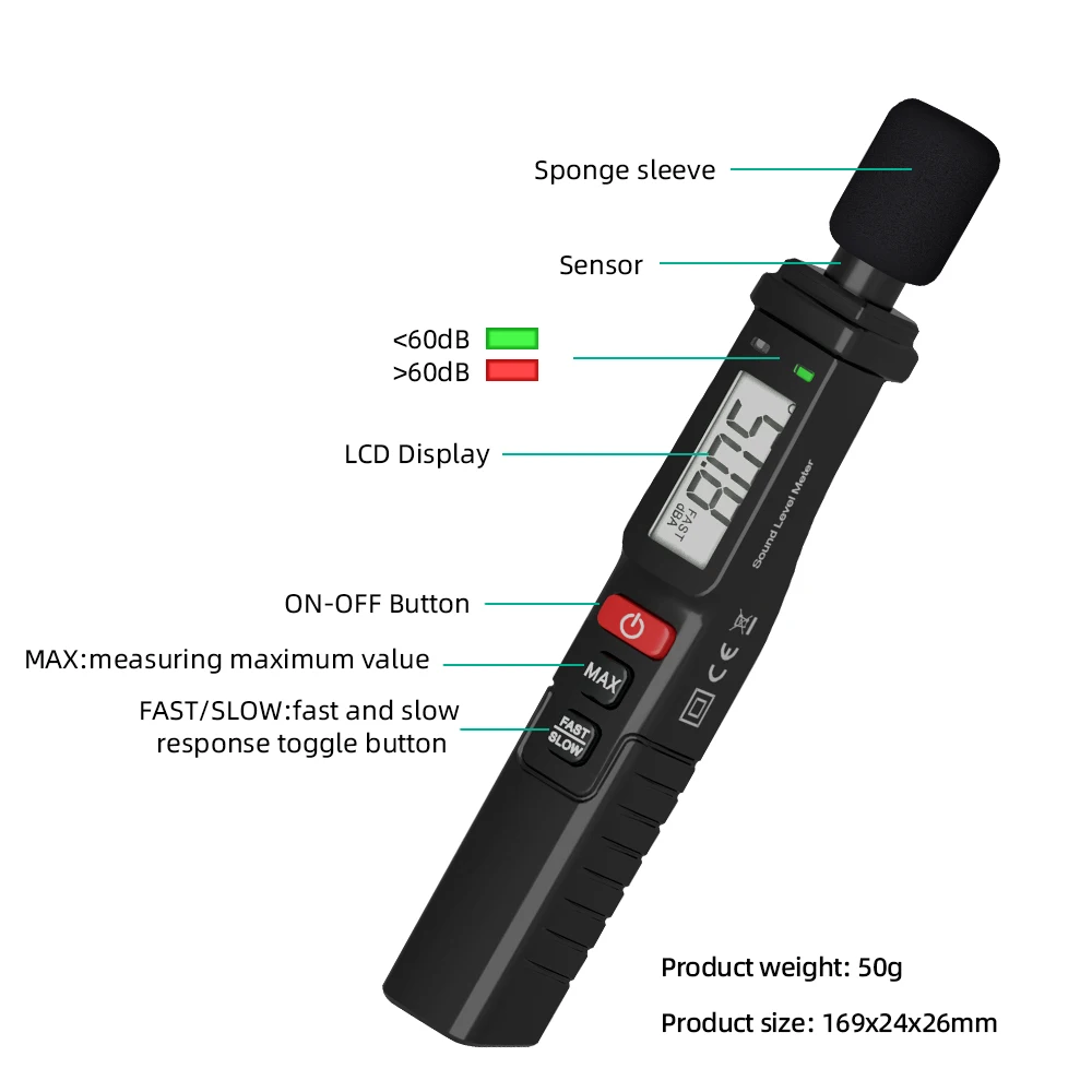 MASTFUYI FY8862 Miernik poziom dźwięku przenośny, ważony 30dB do 130dB, miernik decybeli przyrządu do pomiaru głośności dźwięku