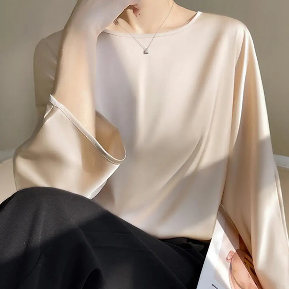 

Breathable Women Long-sleeve Shirt Stylish Spring Summer Women's Satin Blouse with Flared Sleeves Loose Fit Solid for Streetwear