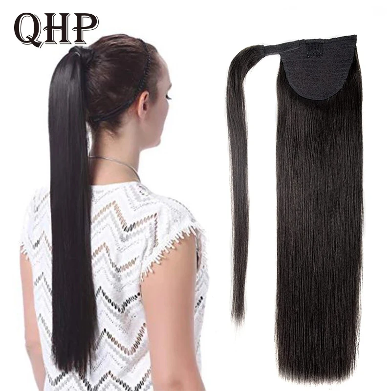 QHP Ponytail Human Hair Straight Brazilian Remy Ponytail Hairstyles 100% Natural Hair Clip in Extensions  Wrap Around Horsetail