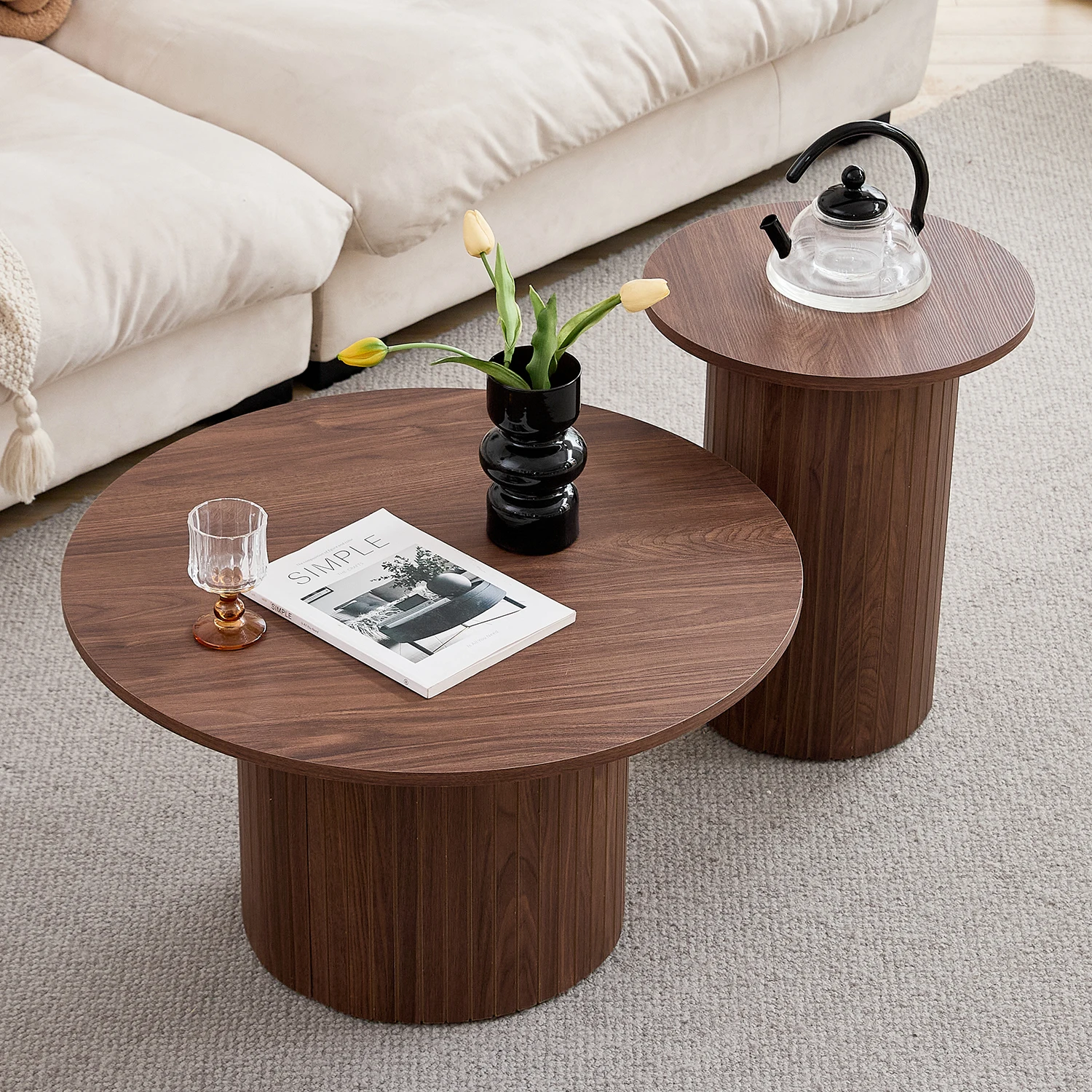 EGOONM Ensemble de 2 tables basses rondes en bois de style nordique, tables basses gigognes en bois, pour le salon/la chambre à coucher 1 EGOONM Ensemble de 2 tables basses rondes en bois de style nordique, tables basses gigognes en bois, pour le salon/la chambre à coucher 1
