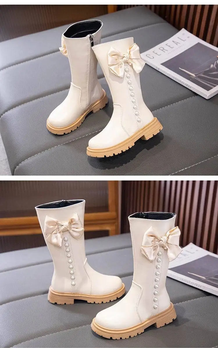 Mode-Stiefel für Mädchen, 3–18 Jahre alt, Schleife, gepolstert, Baumwollschuhe für Mädchen, Herbst und Winter, beige, weiche, rutschfeste Kinder-Lederstiefel – Detail 8