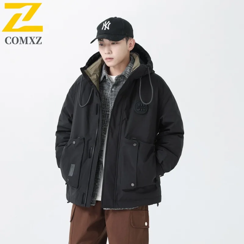COMXZ Trench Coat Waterproof Solid Color Hooded Outdoor Hiking Windbreaker Jacket 2025 Travel Comfortable Versatile Men's Coat