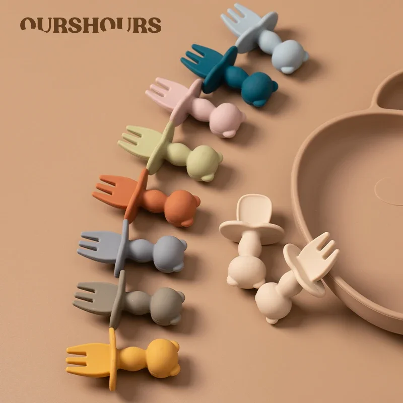 Silicone Cutlery Set Fork Spoon Set Baby Cutlery Food Grade Infant Soft Silicone Feeding Tableware For Toddler Kids Cartoon Panda Mini Training Fork Spoon Set Baby Accessories