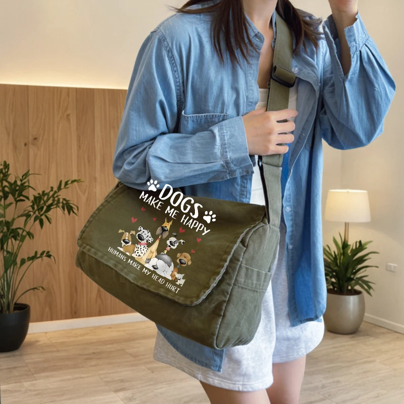 Large Canvas Shoulder Bag For Dog Lovers Cartoon Print Women's Tote Crossbody Bag Army Green Retro Messenger Bag Commuting