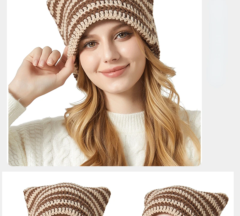 Japanische Beanie-Mütze für Damen, gestreifte Teufelchenmütze aus Strickwolle, Herbst und Winter, niedliche Katzenohren, wärmende Mütze, Freizeitmütze – Detail 9